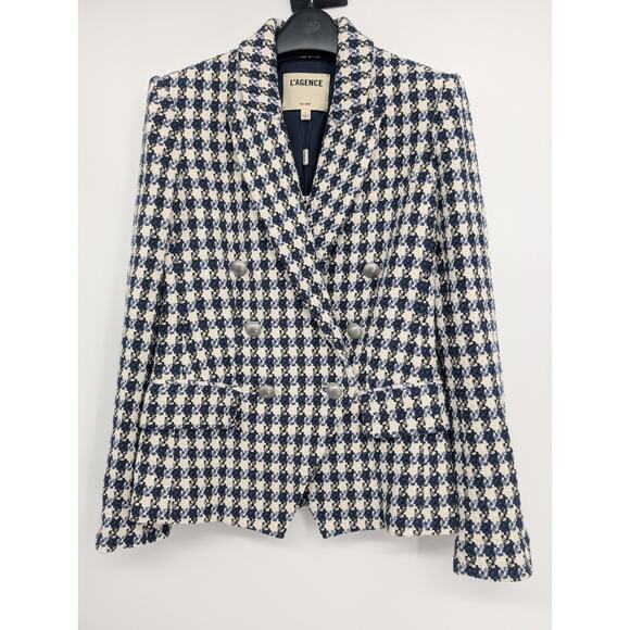 NWOT L'AGENCE Kenzie Double Breasted Tweed Plaid Blazer Size 2 Blue White #1M452 - Picture 1 of 13